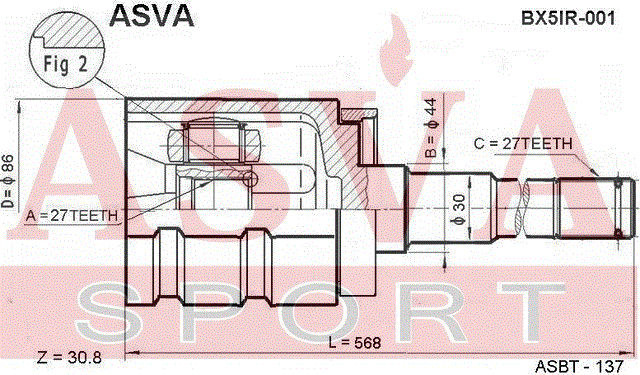 Вал привода колеса в сборе с ШРУСами BX5IR-001 ASVA