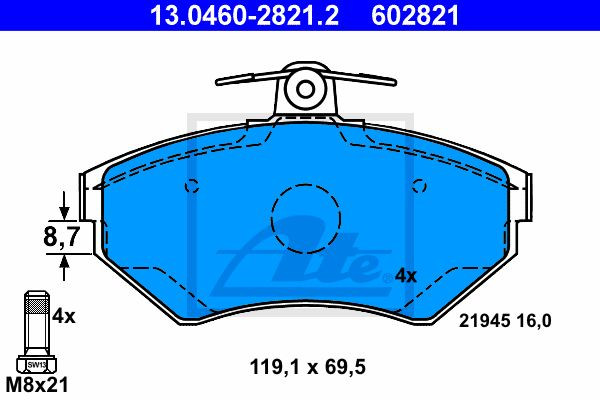 Колодки тормозные дисковые 13.0460-2821.2 ATE