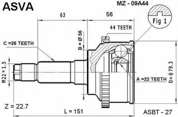 Вал привода колеса в сборе с ШРУСами MZ-09A44 ASVA