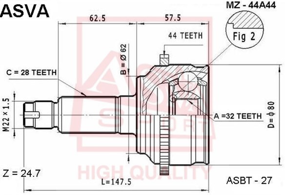 Вал привода колеса с ШРУСом MZ-44A44 ASVA